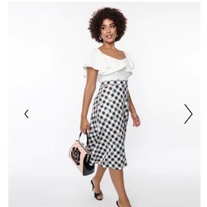 Unique Vintage black white floral gingham swing dress
